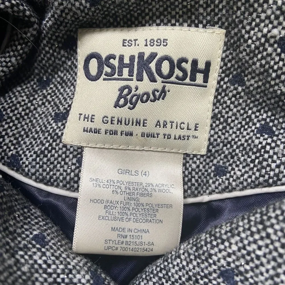 Osh Kosh B'gosh Gray Dress Polka Dot Pea Coat Girls Sz 4 Faux Sherpa Lined Hood